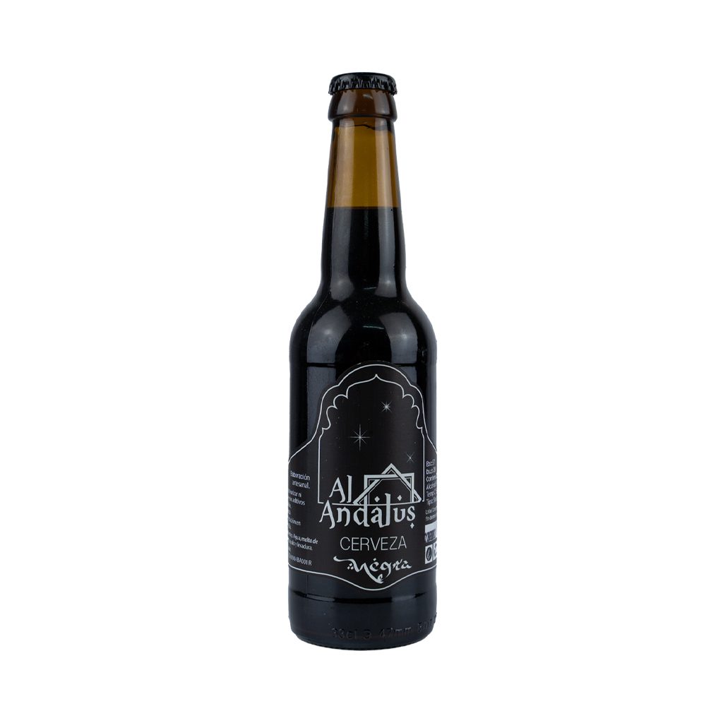 Botella de cerveza artesanal negra de la marca "Al-Andalus" 33cl