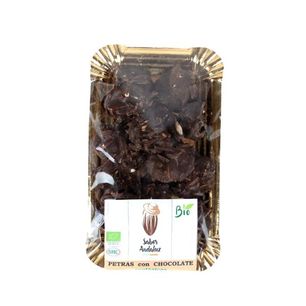 bandeja con Petras de chocolate negro ecológicas